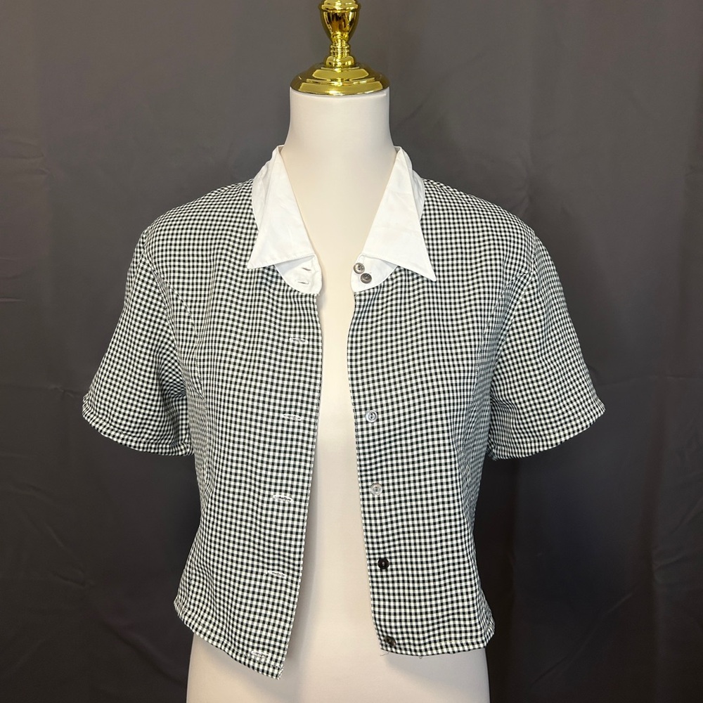70s Inspired Gingham Button Down Cropped Blouse with White Collar